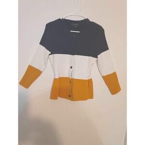 Ann Taylor Navy, White Yellow shoulder pads Button Front Peplum Cardigan- Size S